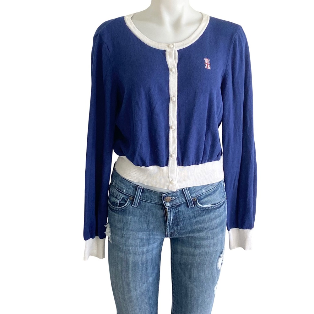 Doctor Who Her Universe Cardigan Blue Union Jack TARDIS Cropped Sweater Large
